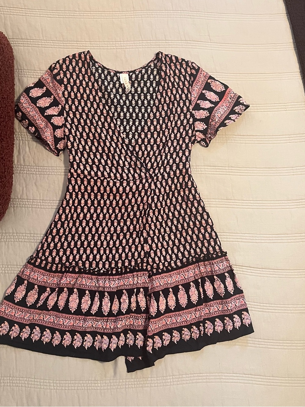RAGA Pink Leaf-Print Navy V-Neck Faux Wrap Mini Dress Summer Boho Festival